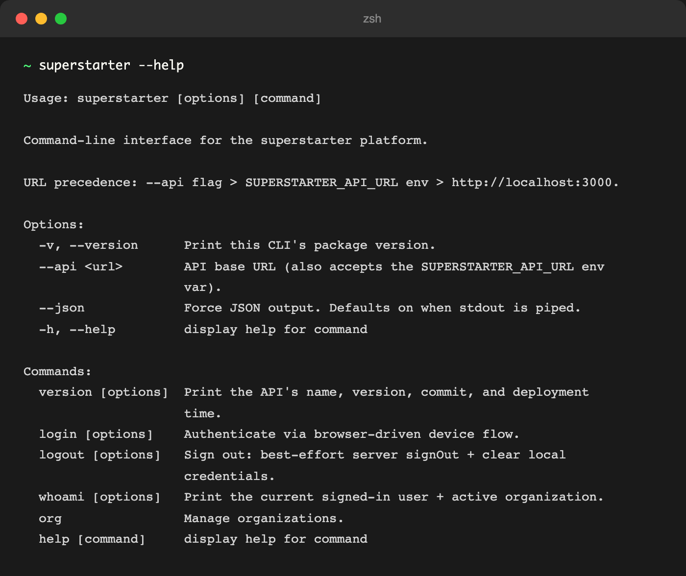 Terminal showing sidequests --help output listing login, logout, whoami, org, and version commands