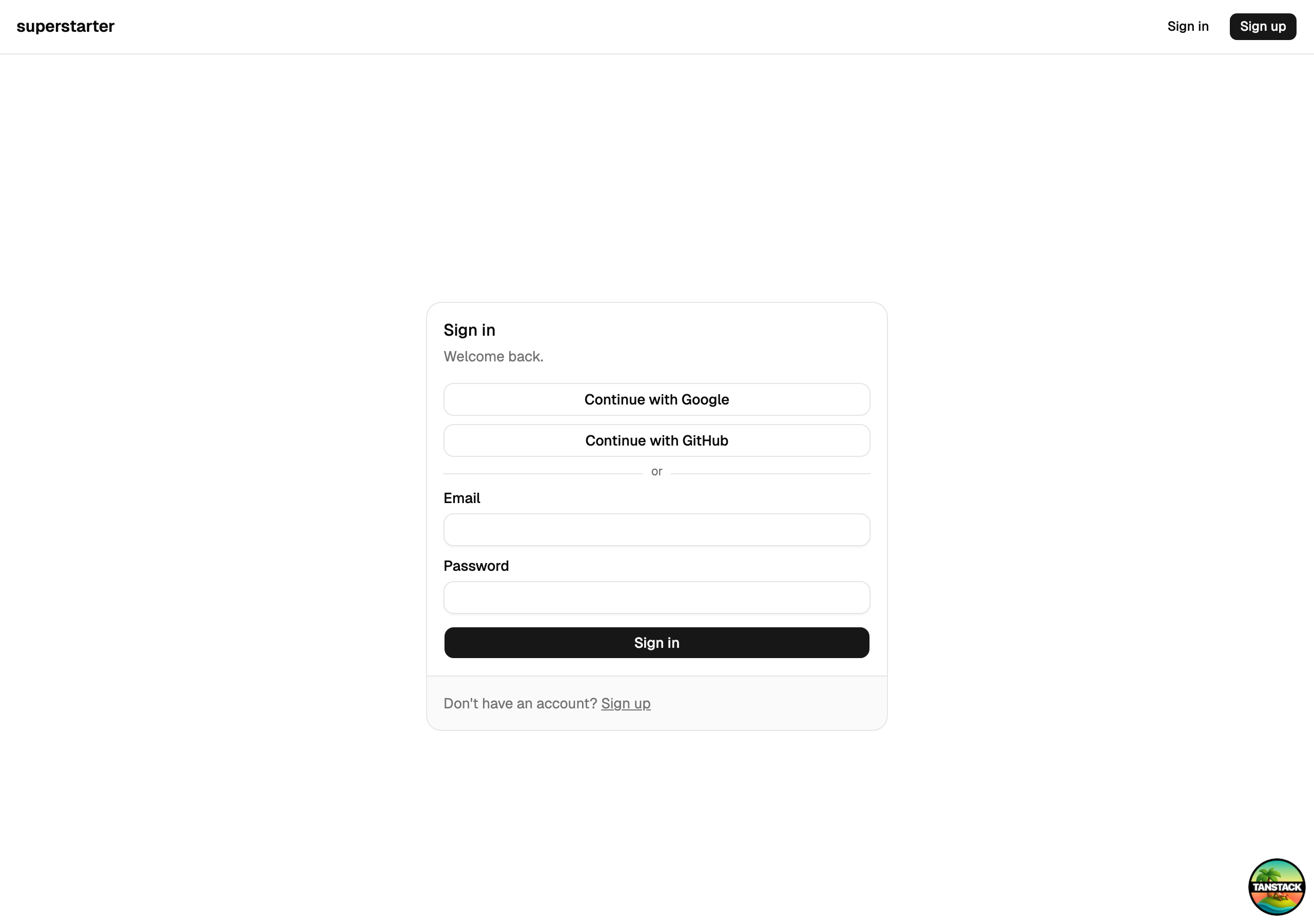 OurSideQuests web sign-in screen showing email/password form with Google and GitHub OAuth options
